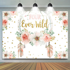 Lofaris Gold Glitter Four Ever Wild Pink Floral Birthday Backdrop