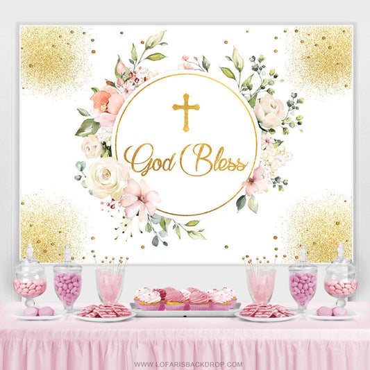 Lofaris Gold Glitter God Bless Pink Floral Baby Shower Backdrop