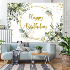 Lofaris Gold Glitter Green Leaves Happy Birthday Backdrop Banner