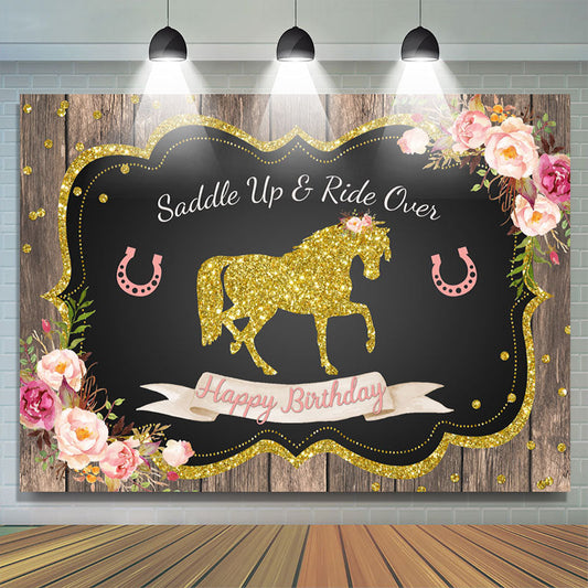 Lofaris Gold Glitter Horse Pink Floral Happy Birthday Backdrop