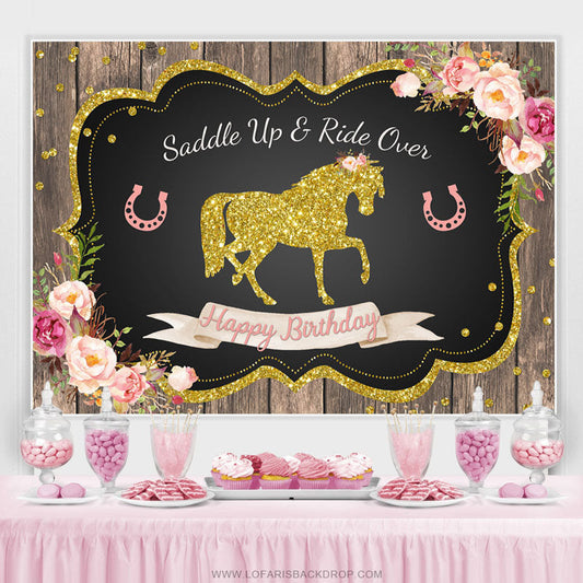 Lofaris Gold Glitter Horse Pink Floral Happy Birthday Backdrop