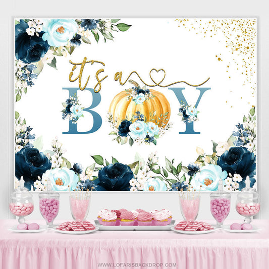 Lofaris Gold Glitter Its A Boy Blue Floral Baby Shower Backdrop