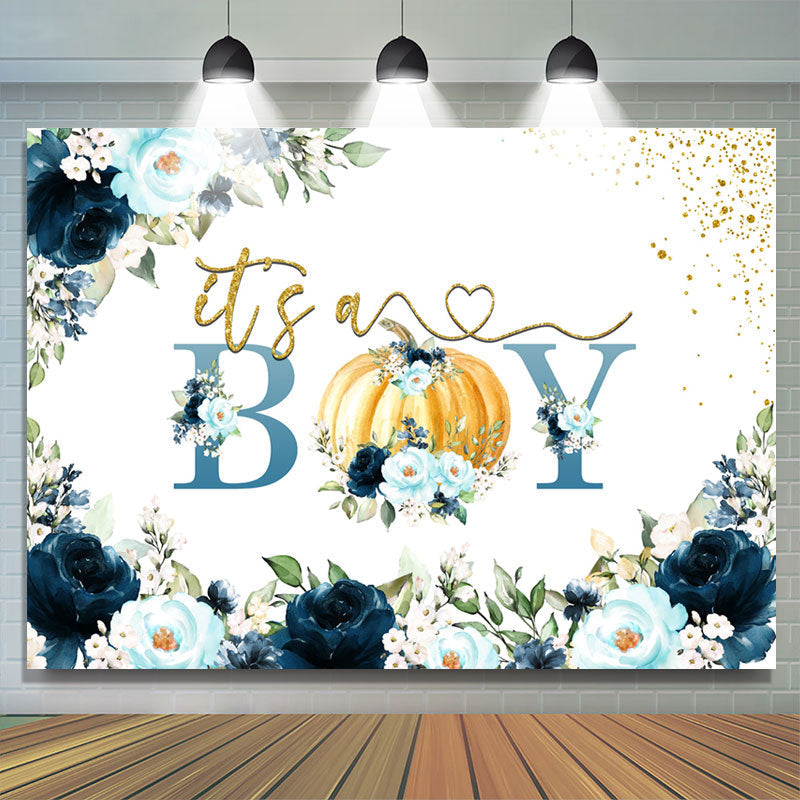 Lofaris Gold Glitter Its A Boy Blue Floral Baby Shower Backdrop