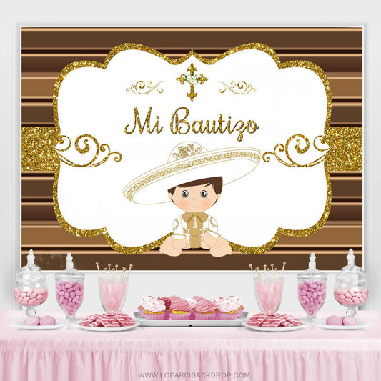 Lofaris Gold Glitter Mi Bautizo White Baby Shower Backdrop