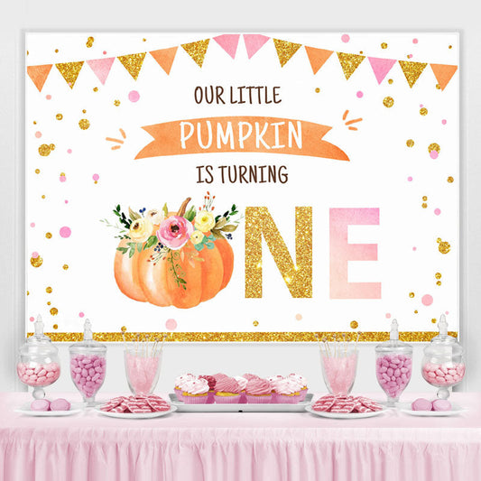 Lofaris Gold Glitter Our Little Pumpkin Is Turning One Birthday Backdrop for Kids
