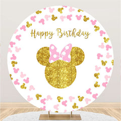 Lofaris Gold Glitter Pink Cartoon Mouse Round Birthday Backdrop