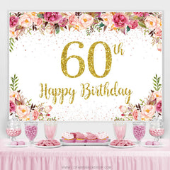 Lofaris Gold Glitter Pink Floral 60th Birthday Backdrop