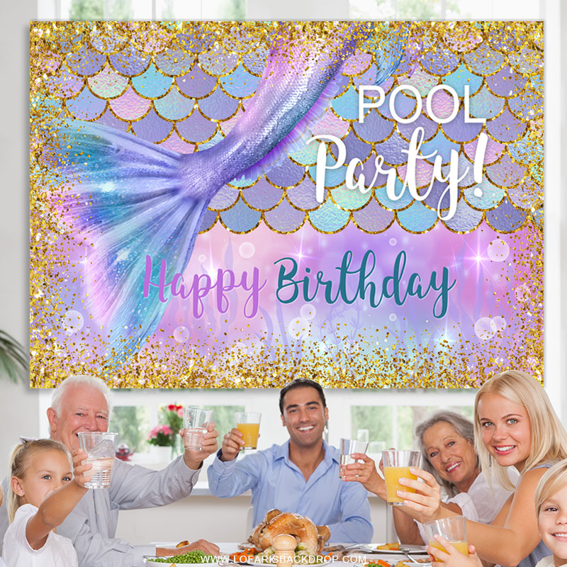 Lofaris Gold Glitter Purple Mermaid Pool Birthday Party Backdrop