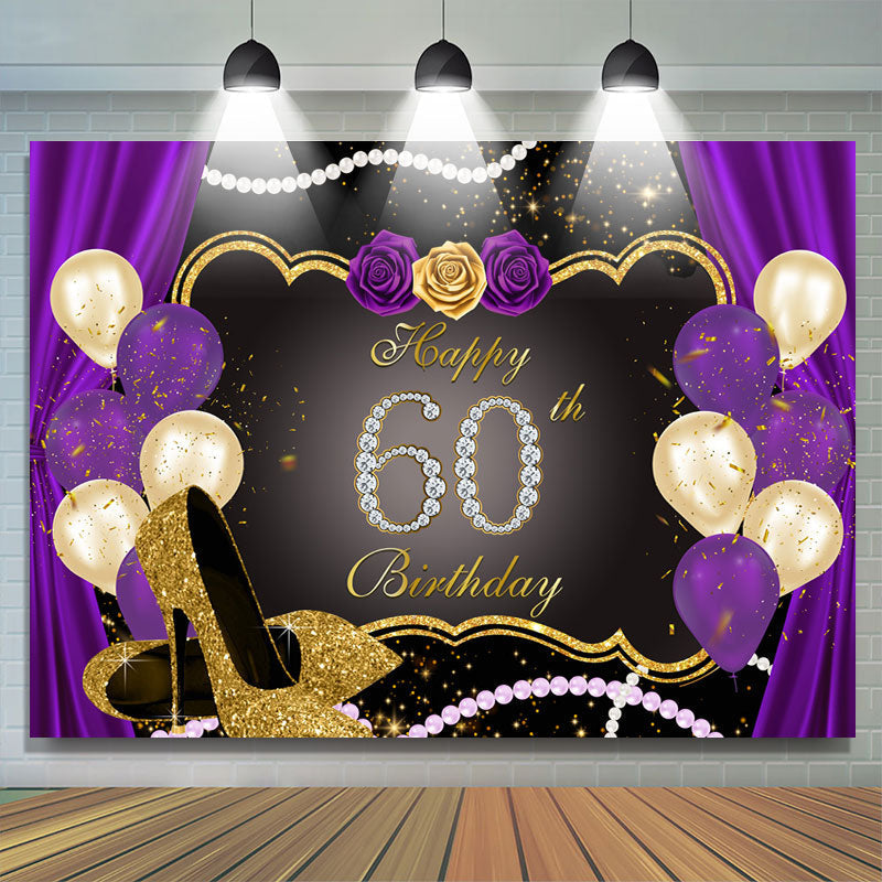 Lofaris Gold Glitter Purple Rose 60th Happy Birthday Backdrop