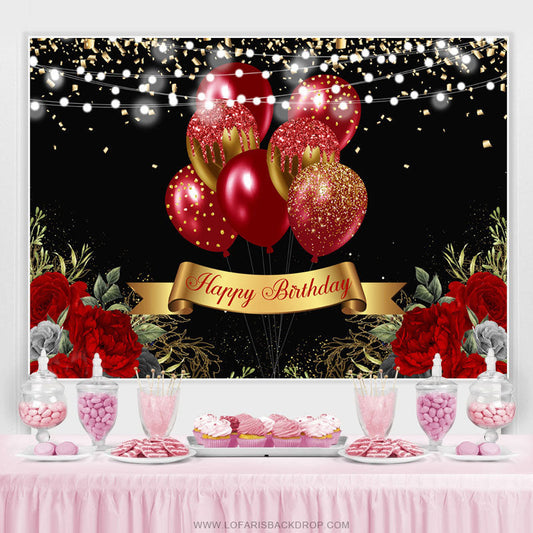 Lofaris Gold Glitter Red Balloons Black Happy Birthday Backdrop