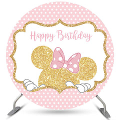 Lofaris Gold Glitter Round Pink Cartoon Mouse Birthday Backdrop