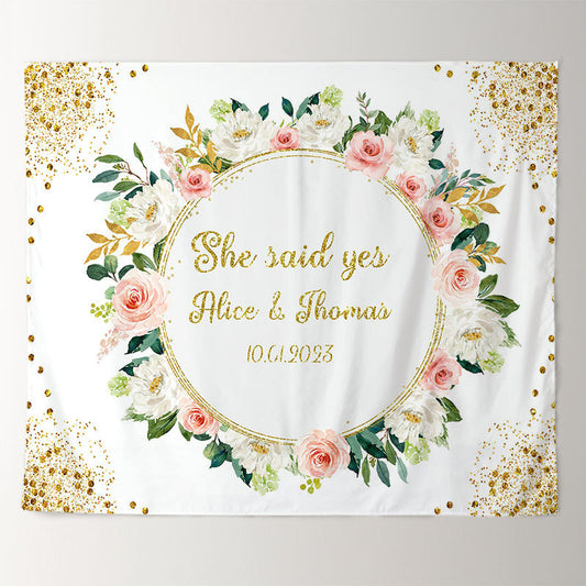 Lofaris Gold Glitter She Said Yes Pink Floral Wedding Backdrop
