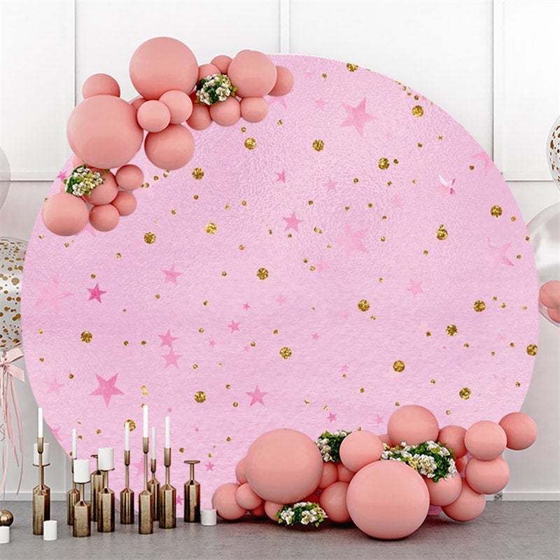 Lofaris Gold Glitter Spot Round Pink Star Birthday Backdrop