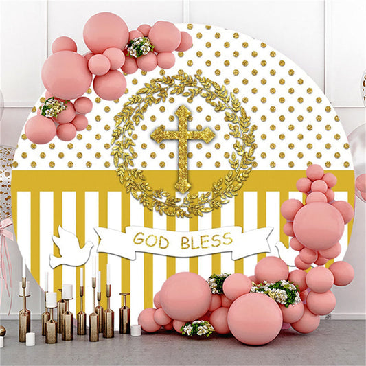 Lofaris Gold Glitter White God Bless Round Baby Shower Backdrop