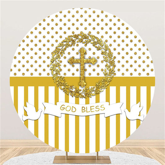 Lofaris Gold Glitter White God Bless Round Baby Shower Backdrop