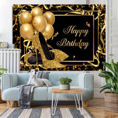 Lofaris Gold Heels and Balloons Black Happy Birthday Backdrop