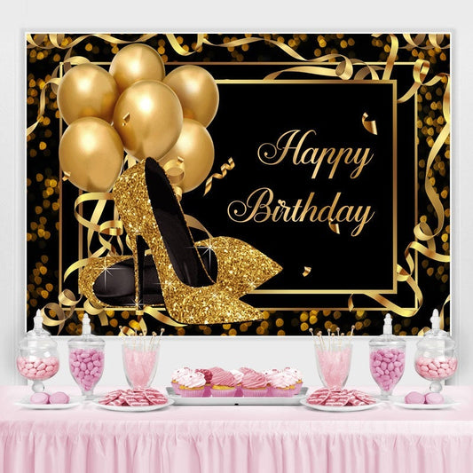 Lofaris Gold Heels and Balloons Black Happy Birthday Backdrop