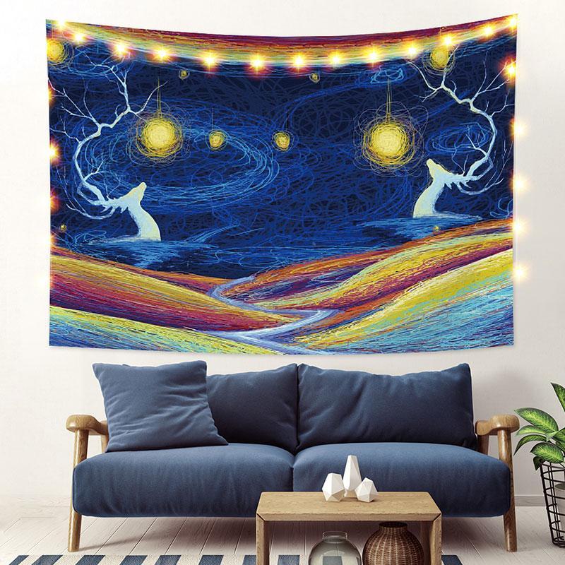 Lofaris Gold Light And Elk Trippy Painting Style Wall Tapestry