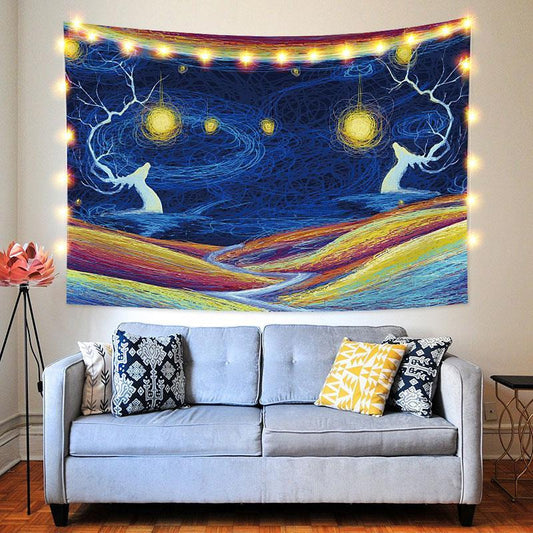Lofaris Gold Light And Elk Trippy Painting Style Wall Tapestry
