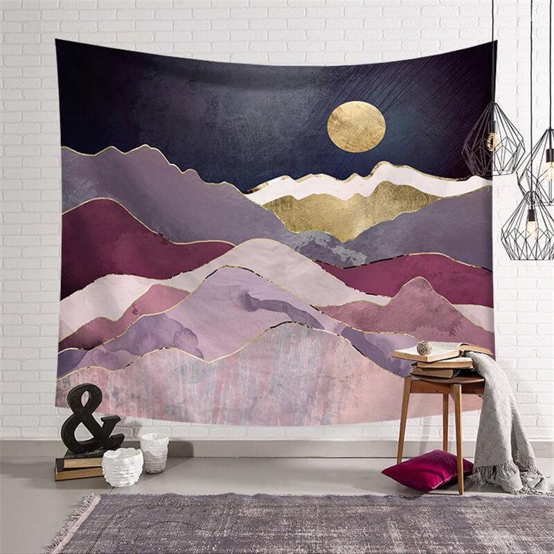Lofaris Gold Moon Landscape Mountain Painting Style Wall Tapestry