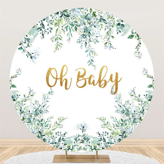 Lofaris Gold Oh Baby Round Green Leaves Shower Backdrop