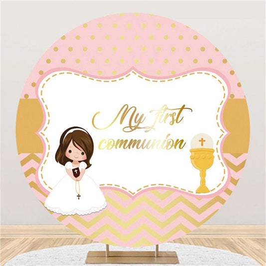 Lofaris Gold Pink My First Communion Round Baby Shower Backdrop