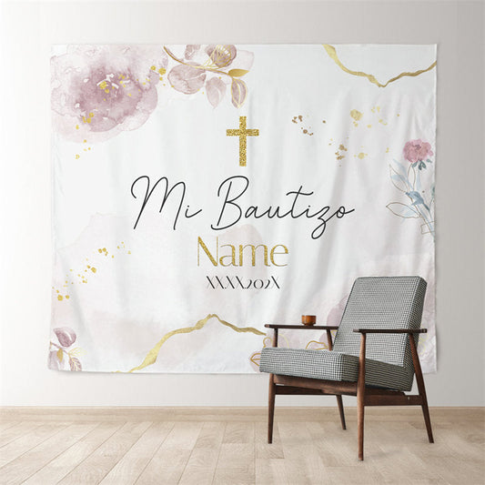 Lofaris Gold Purple Mi Bautizo Floral Baptism Backdrop For Girl