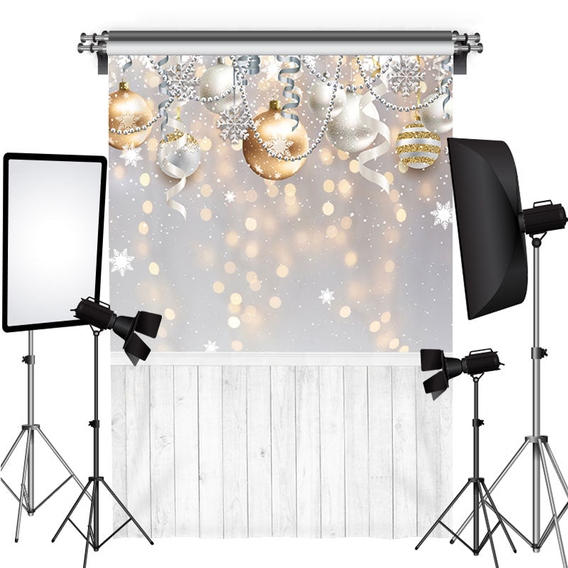Lofaris Gold Silver Ball Glitter Snowflake Wood Floor Christmas Backdrop