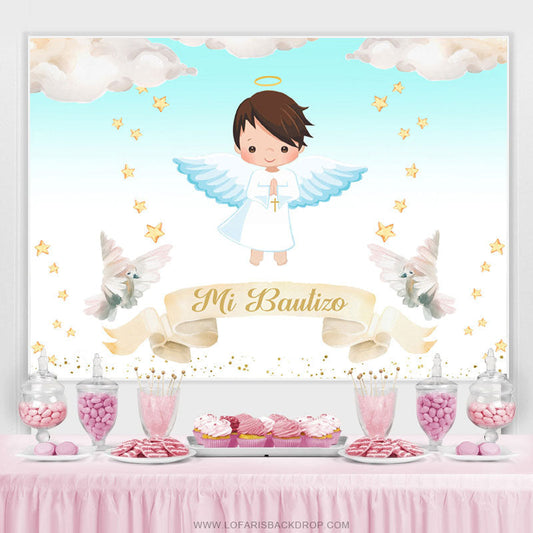 Lofaris Gold Star Blue Sky Mi Bautizo Baby Shower Backdrop