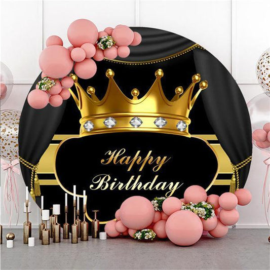 Lofaris Golden Crown Black Custom Round Happy Birthday Backdrop