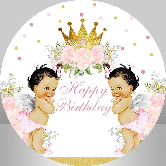 Lofaris Golden Crown Flower Round Twins Baby Shower Backdrop