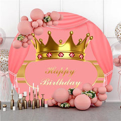 Lofaris Golden Crown Pink Custom Circle Happy Birthday Backdrop