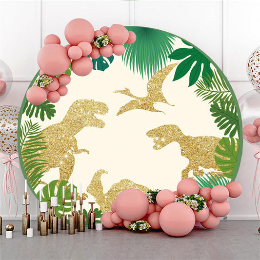 Lofaris Golden Dinosaur Leaves Happy Birthday Round Backdrop