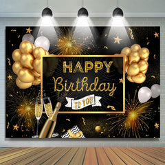 Lofaris Golden Glitter And Black Ballons Birthday Backdrop
