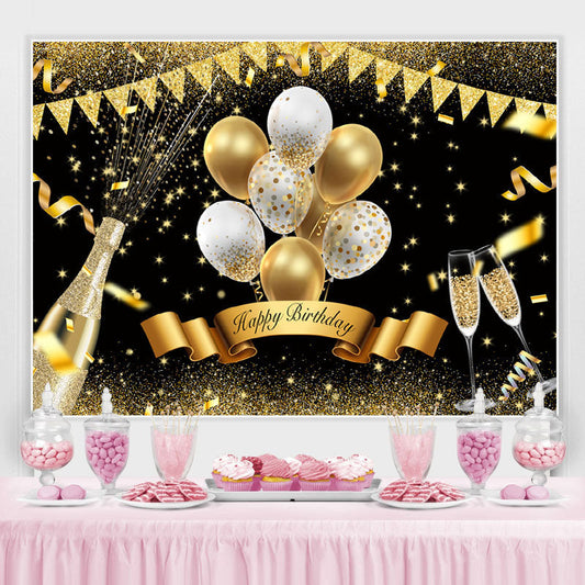 Lofaris Golden Glitter And White Balloon Happy Birthday Backdrop