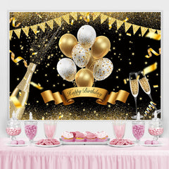 Lofaris Golden Glitter And White Balloon Happy Birthday Backdrop