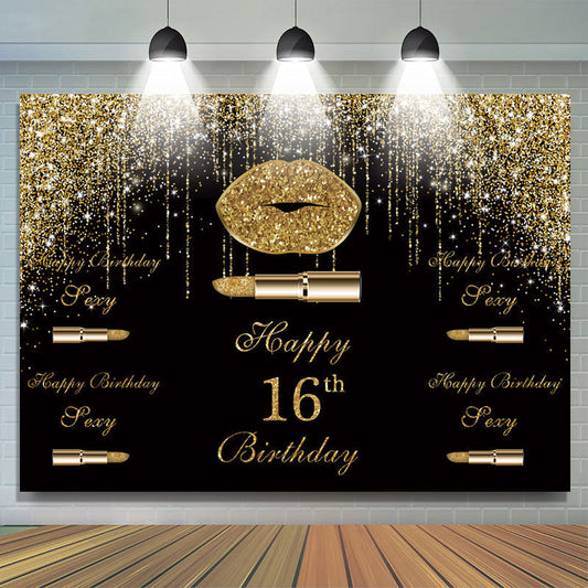 Lofaris Golden Glitter Bokeh and Black Happy 16Th Backdrop