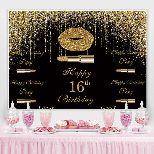 Lofaris Golden Glitter Bokeh and Black Happy 16Th Backdrop
