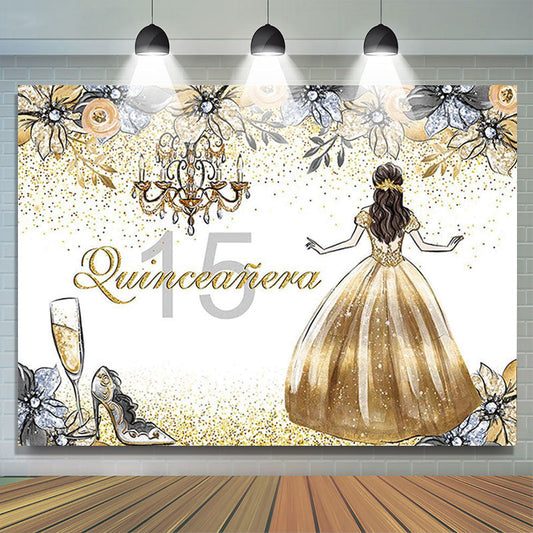 Lofaris Quinceanera Golden Glitter Floral Princess 15th Birthday Backdrop