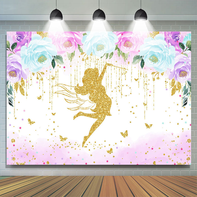 Lofaris Golden Glitter Floral Fairy Happy Birthday Backdrop