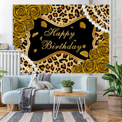Lofaris Golden Rose Glitter Leopard Happy Birthday Backdrop