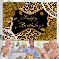 Lofaris Golden Rose Glitter Leopard Happy Birthday Backdrop