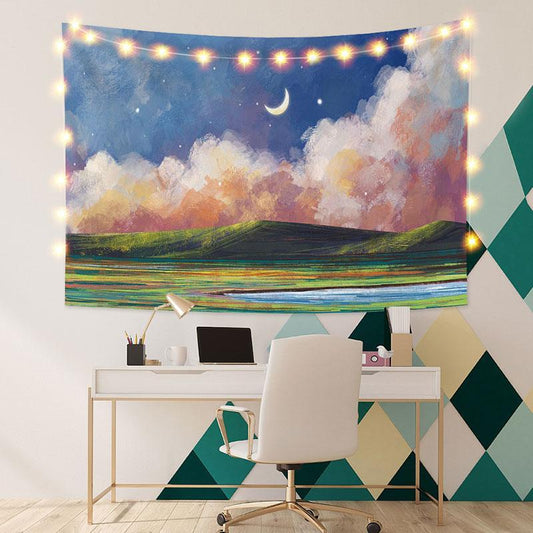 Lofaris Grassland Moon Mountain Painting Style Lake Custom Tapestry
