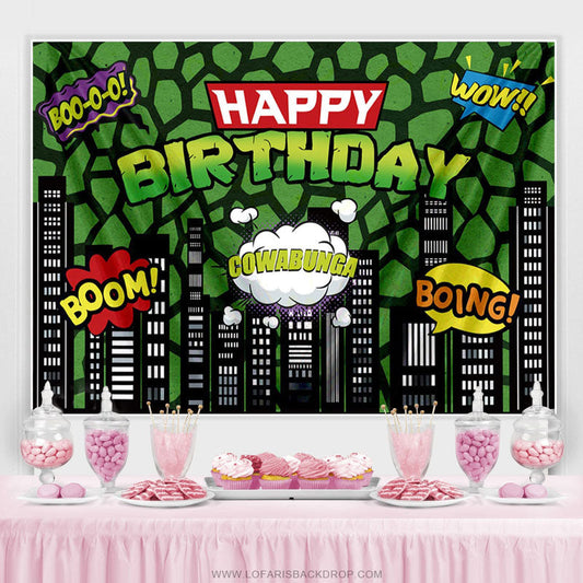 Lofaris Green American Comic City Building Happy Birthday Party Backdrop