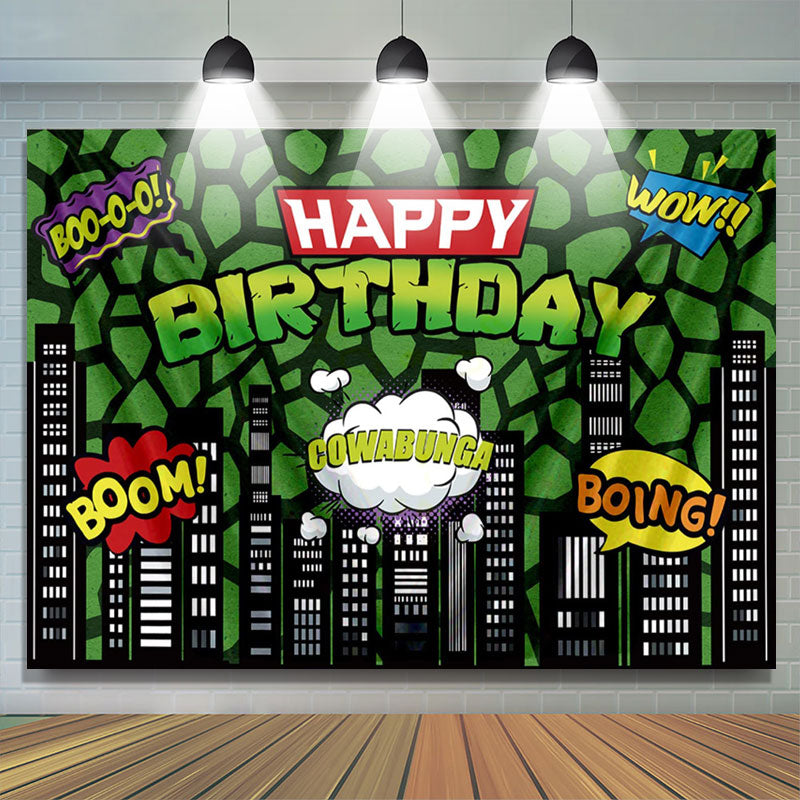 Lofaris Green American Comic City Building Happy Birthday Party Backdrop