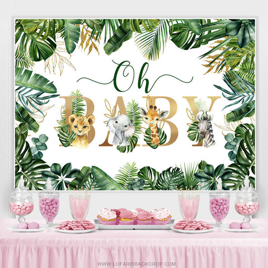Lofaris Green And Gold Glitter Leaves Animal Baby Shower Backdrop