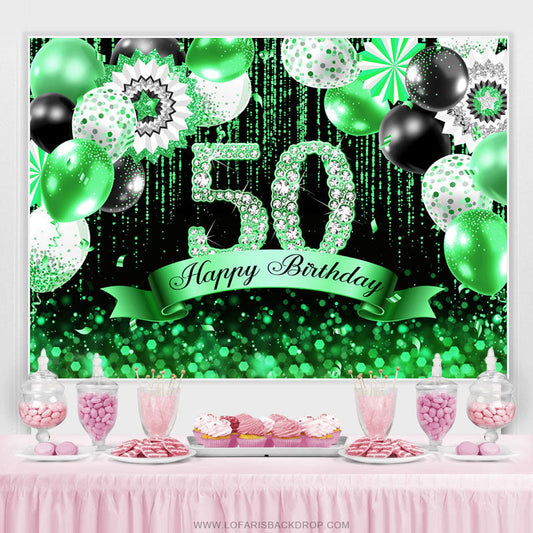 Lofaris Green Black Balloons Glitter 50th Birthday Backdrop