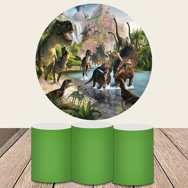 Lofaris Green Dinosaur Word Theme Round Birthday Backdrop Kit
