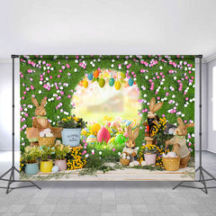 Lofaris Green Floral Door With Cute Rabbit Happy Easter Backdrop