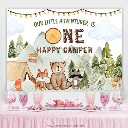 Lofaris Green Forest Adventure Animal 1st Birthday Backdrop